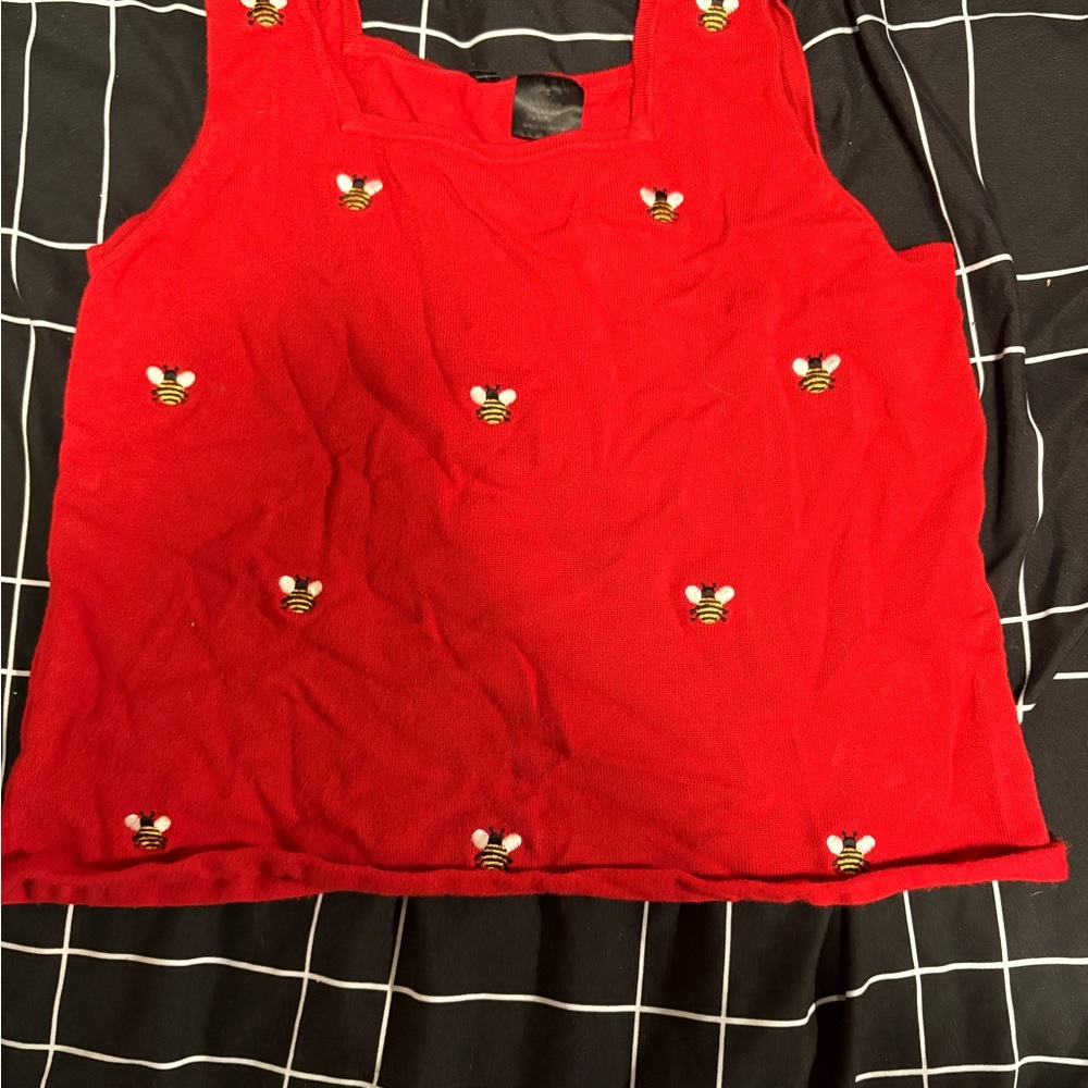 Red Knit Tank Top with Bee Embroidery